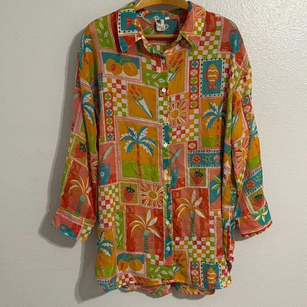 Violet Sky Tropical Patchwork Blouse Women’s‎ 2X Colorful Palm Tree Print Shirt